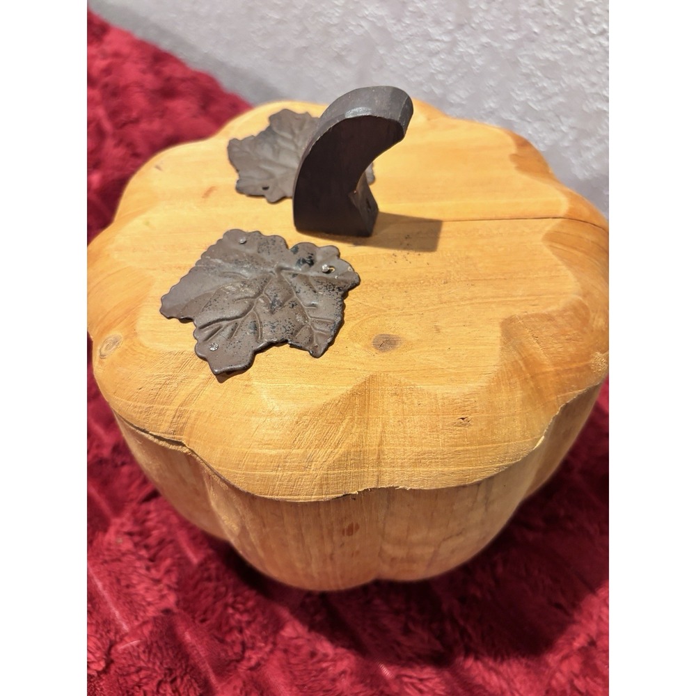 VTG Pier 1 Import Wooden Carved Pumpkin Lidded Dark Wood Leaves & Stem 6x5 1990s